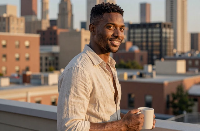 Marcus, a BDE Confidence Dating member, on a Chicago rooftop at golden hour