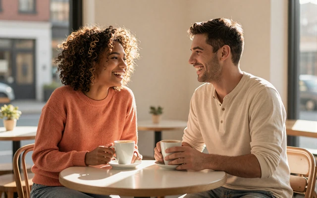 Aisha and Tomas laughing on their first coffee date