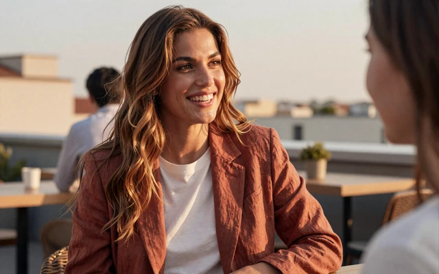 Elena laughing with a friend at a rooftop bar at golden hour