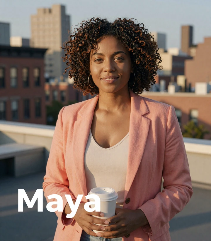 Maya, a verified Your Free Dating Tips member, smiling on a Brooklyn rooftop
